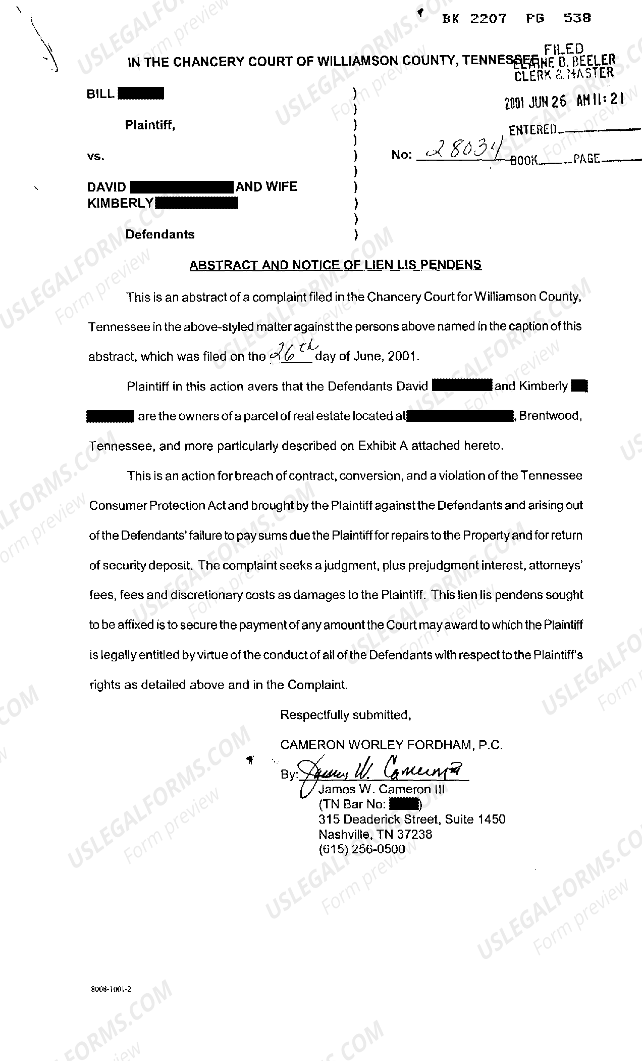 Tennessee Notice of Lien Lis Pendens regarding claim under Consumer