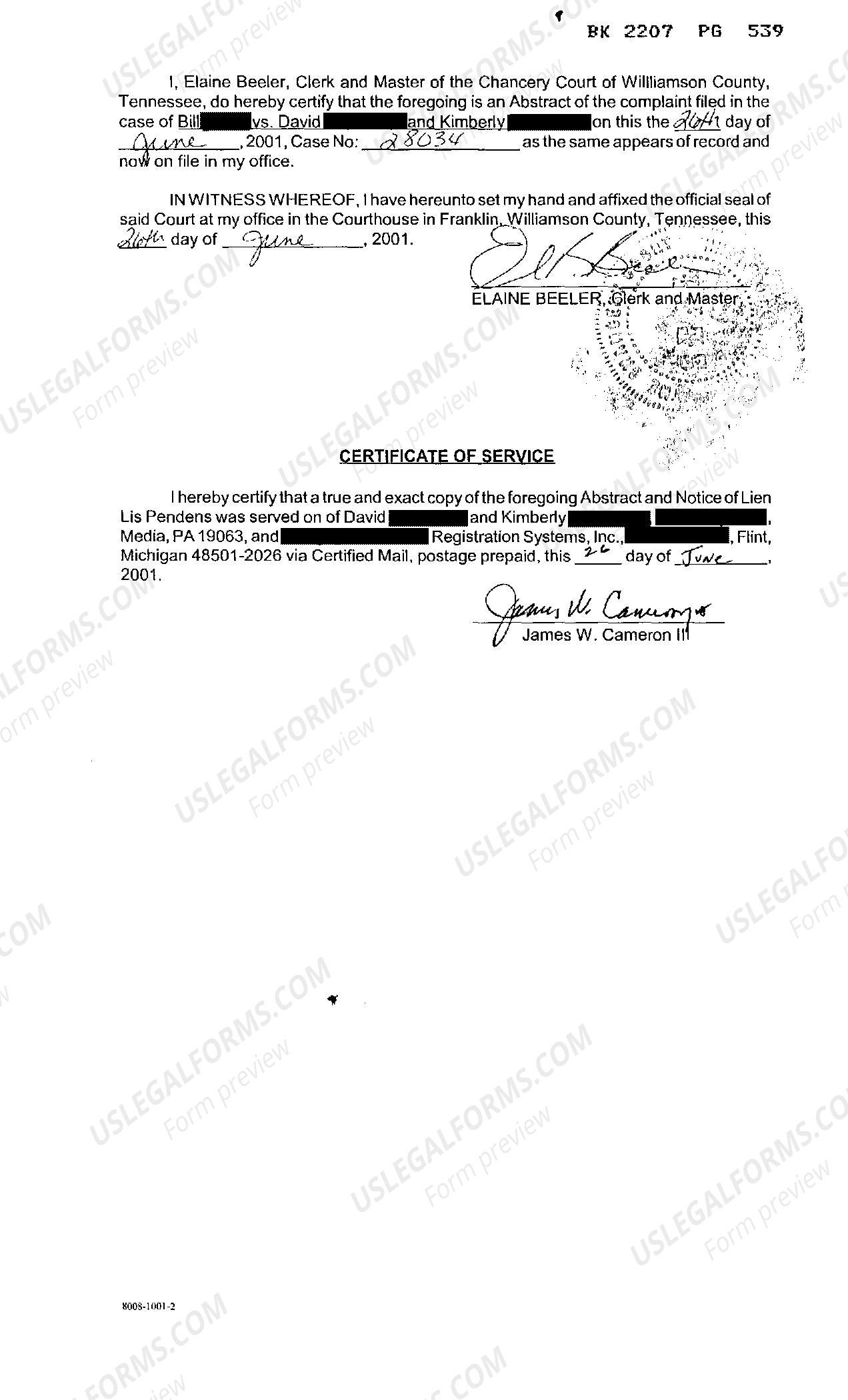 Tennessee Notice of Lien Lis Pendens regarding claim under Consumer