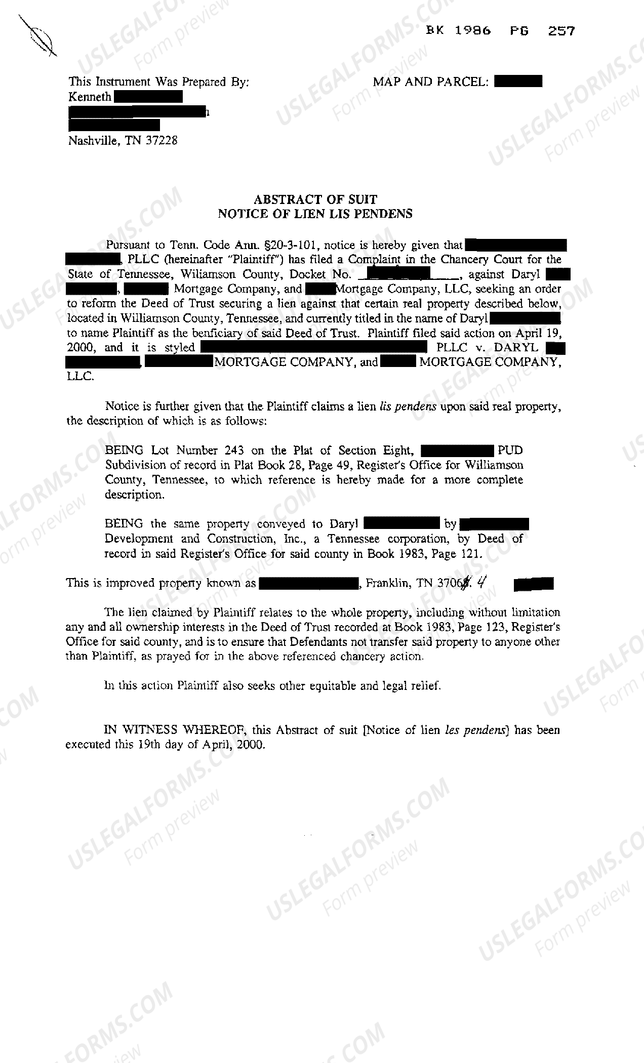 Chattanooga Tennessee Notice of Lien Lis Pendens regarding reformation