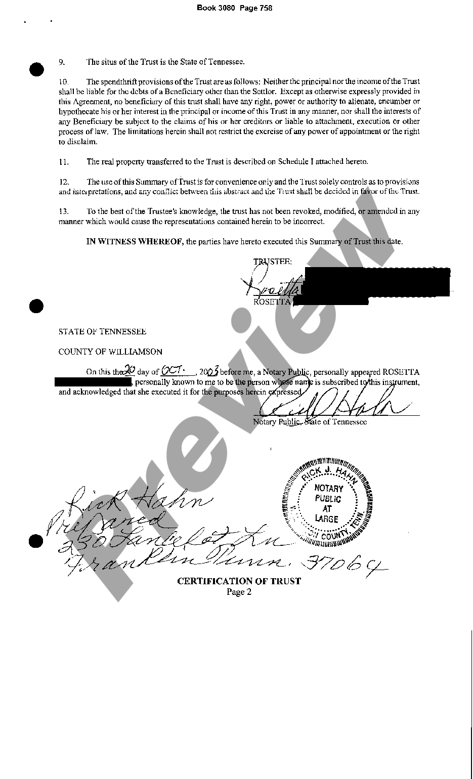 Tennessee Certification of Trust - Certificate Of Trust | US Legal Forms