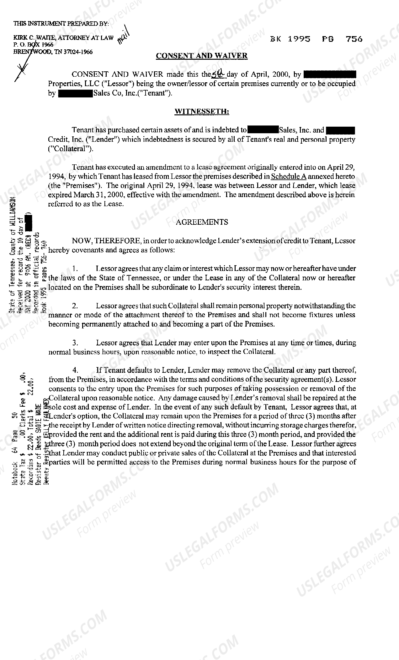 Tennessee Consent and Waiver of Landlord Landlord Waiver And Consent