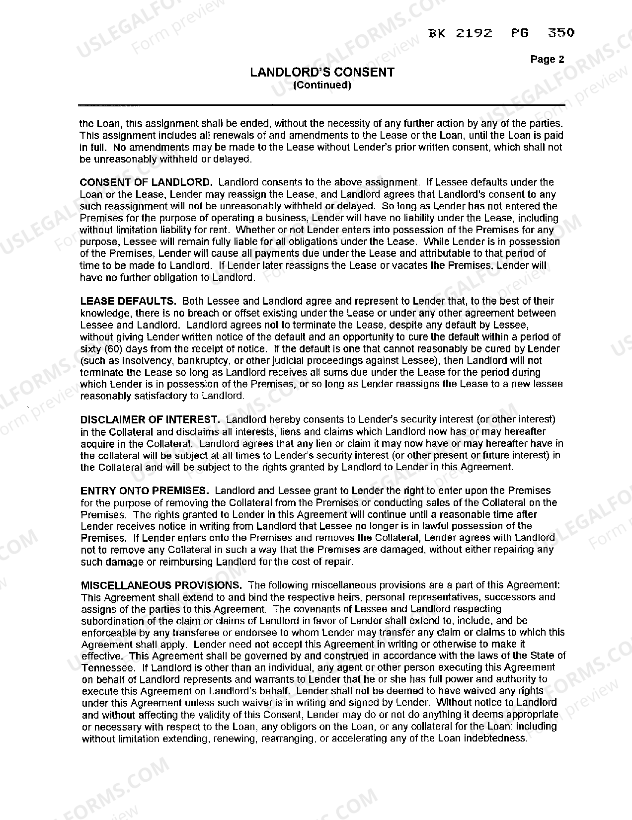 Tennessee Landlord's Consent to Assignment of Tenant's rights to the