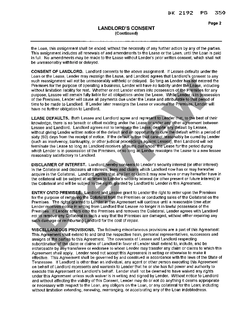 Preview Landlord's Consent to Assignment of Tenant's rights to the Lender