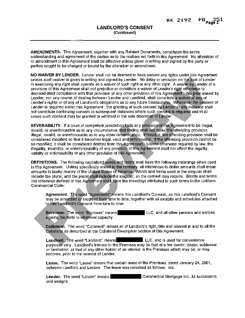 Preview Landlord's Consent to Assignment of Tenant's rights to the Lender