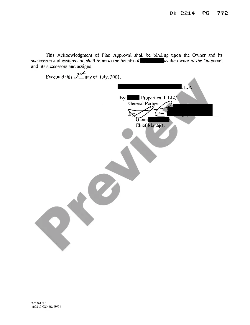 Preview Acknowledgment of Plan Approval for Retail Development