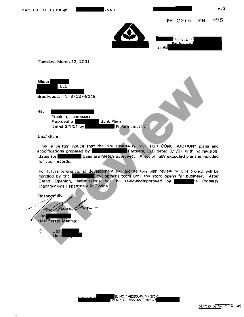 Preview Acknowledgment of Plan Approval for Retail Development