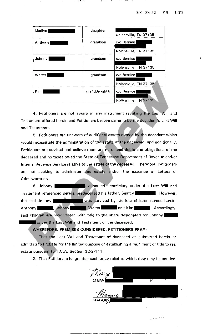 Preview Petition to Admit Last Will and Testament for limited purpose of establishing Muniment of Title