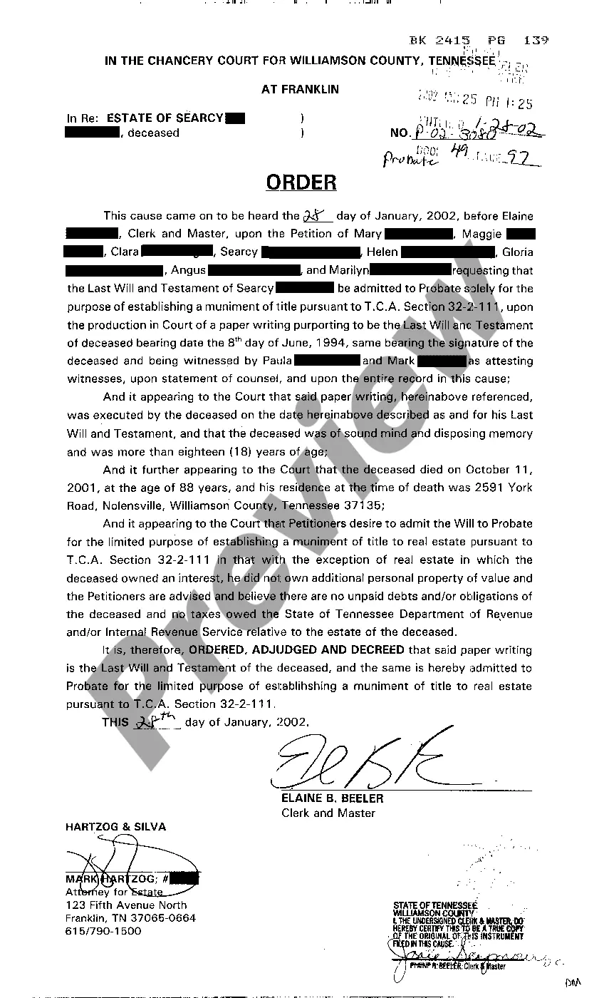 Preview Petition to Admit Last Will and Testament for limited purpose of establishing Muniment of Title