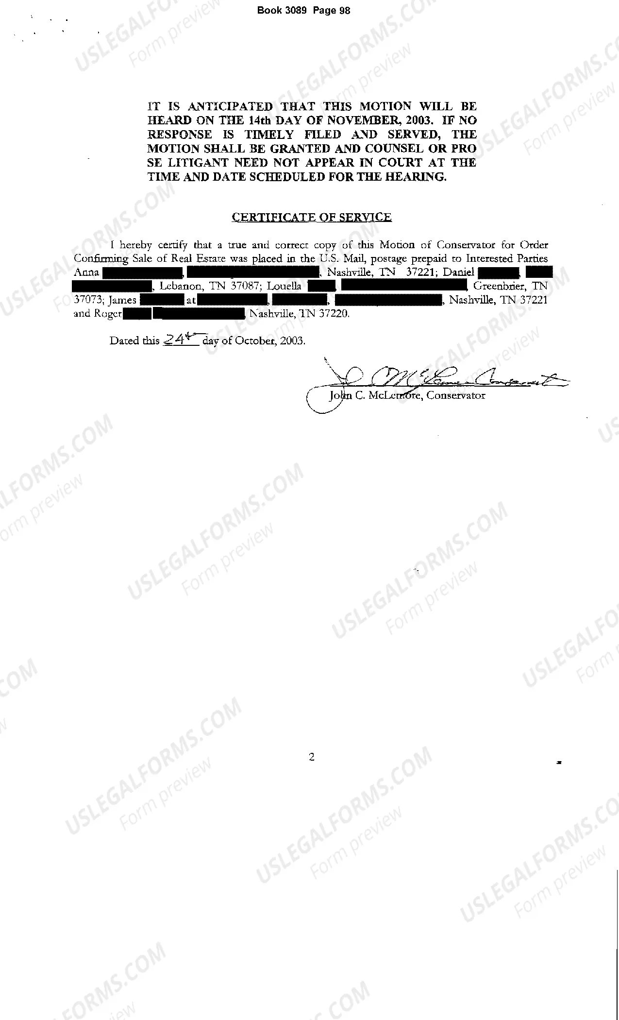 Preview Order of Court Confirming Report of Sale