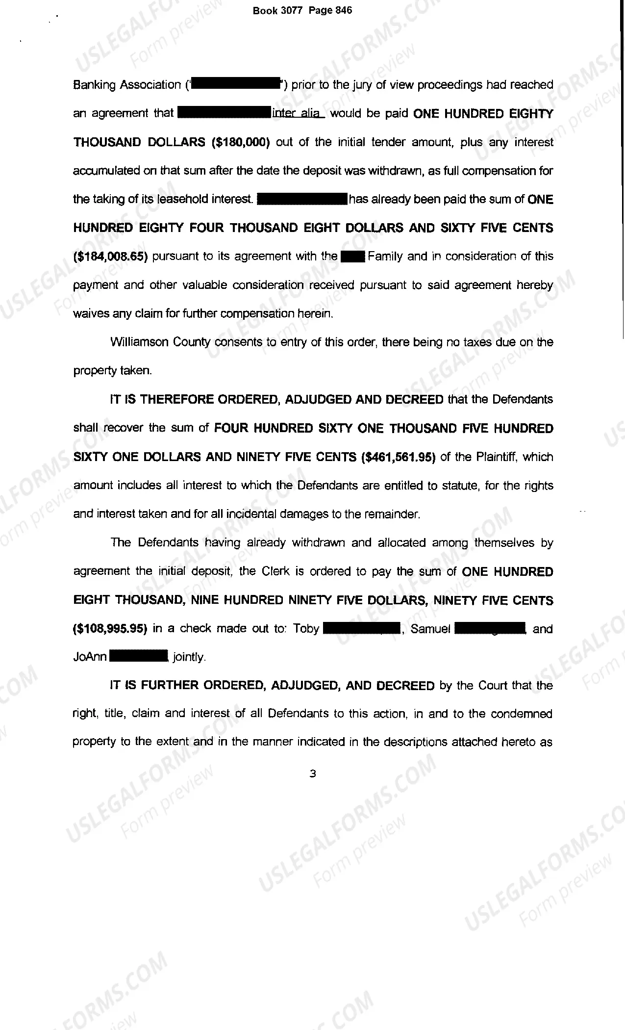 Preview Agreed Order and Final Judgment following Jury Trial Recorded on Land Records