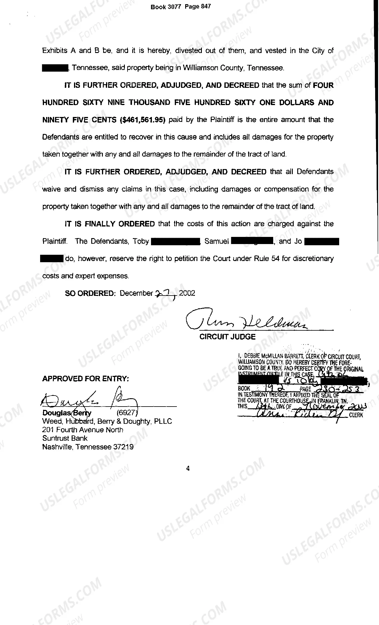 Preview Agreed Order and Final Judgment following Jury Trial Recorded on Land Records