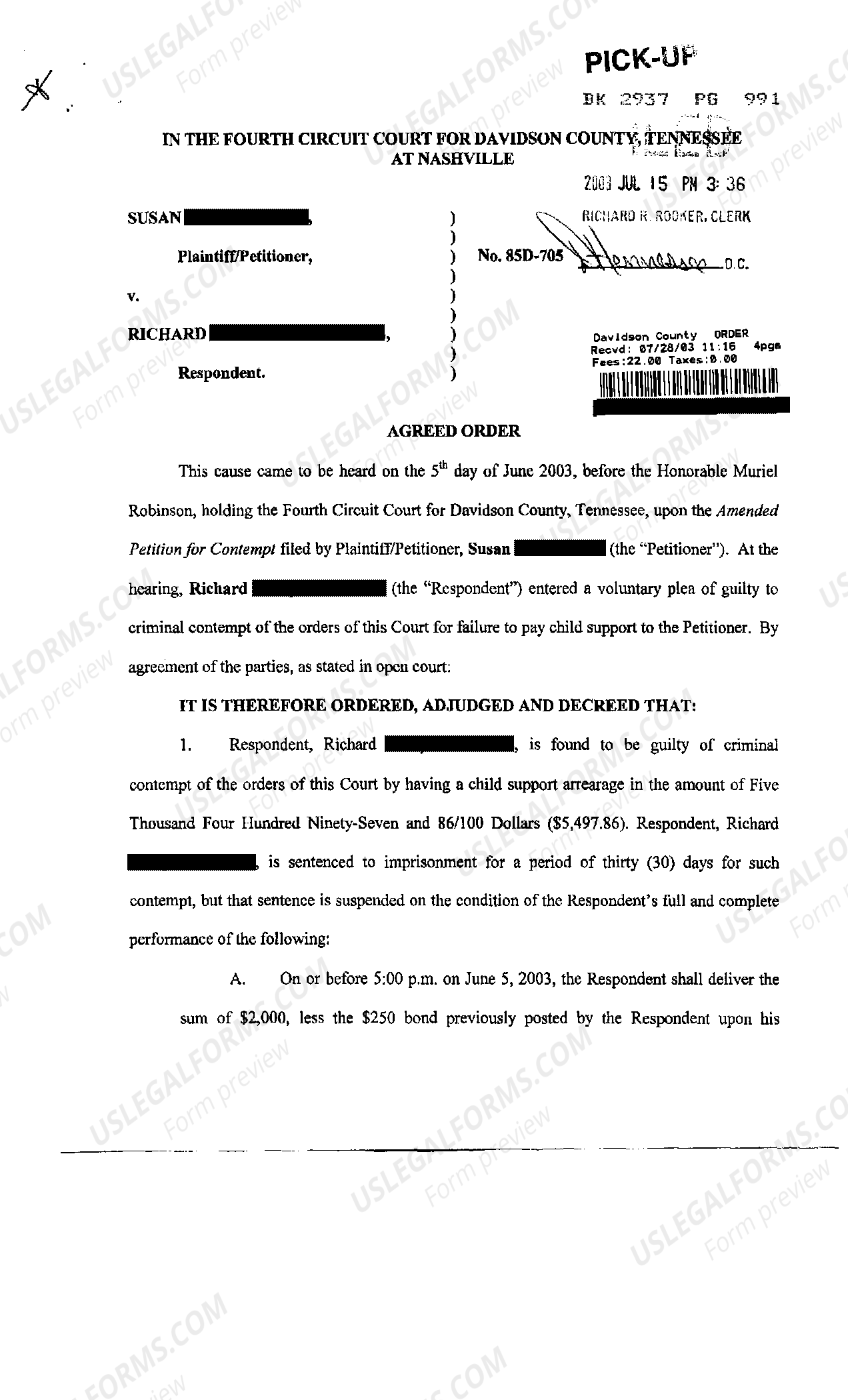 Tennessee Order of Criminal Contempt for Failure to Pay Support US