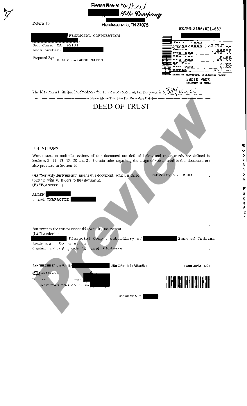 Tennessee Sample Deed of Trust Derivation Clause Tennessee Example