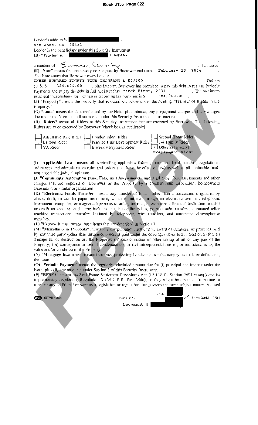 Tennessee Sample Deed of Trust Derivation Clause Tennessee Example