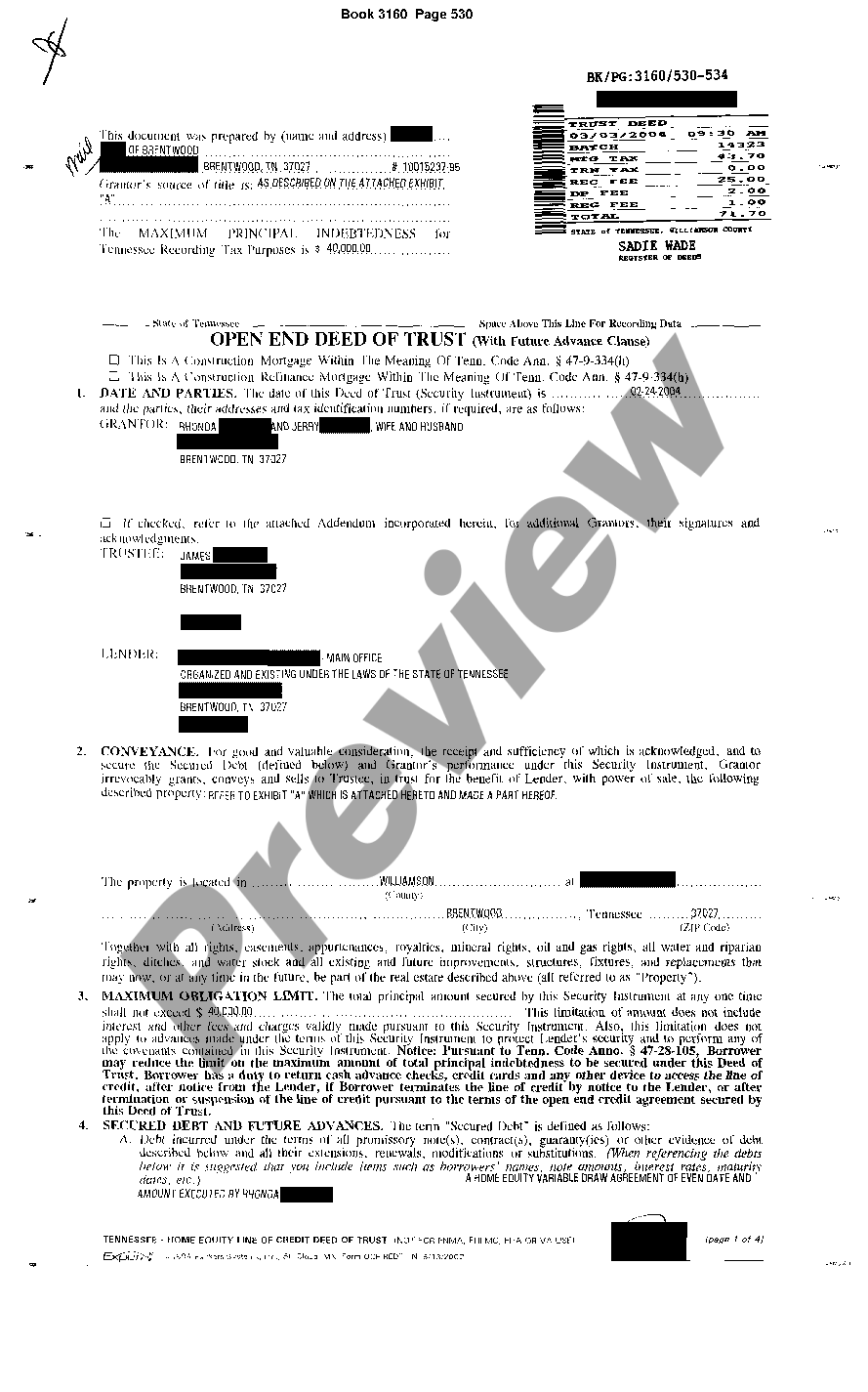 Tennessee Deed of Trust With Future Advance US Legal Forms