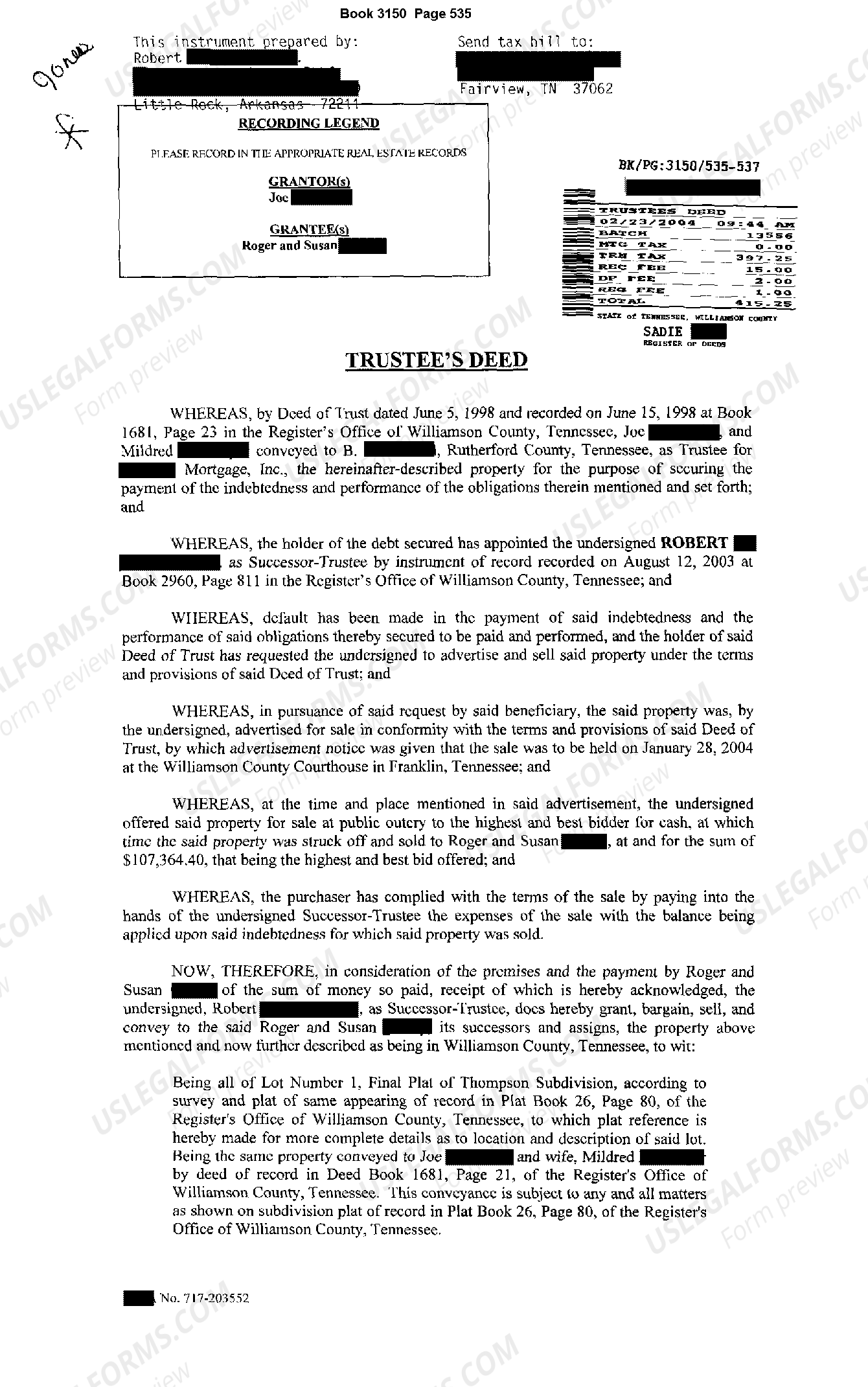 Tennessee Trustee's Deed Trustee's Deed US Legal Forms