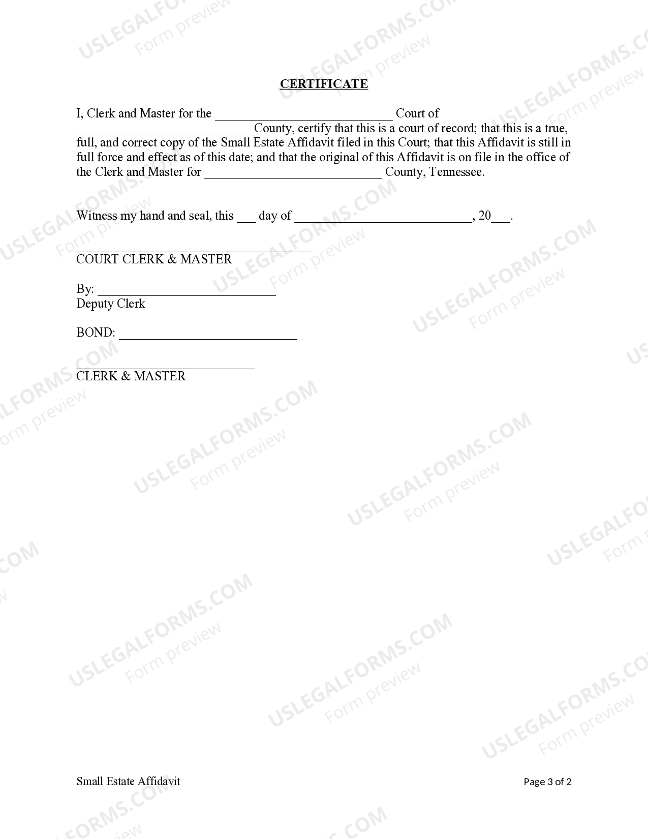 Tennessee Small Estate Affidavit for Estates Not More Than 50 Small