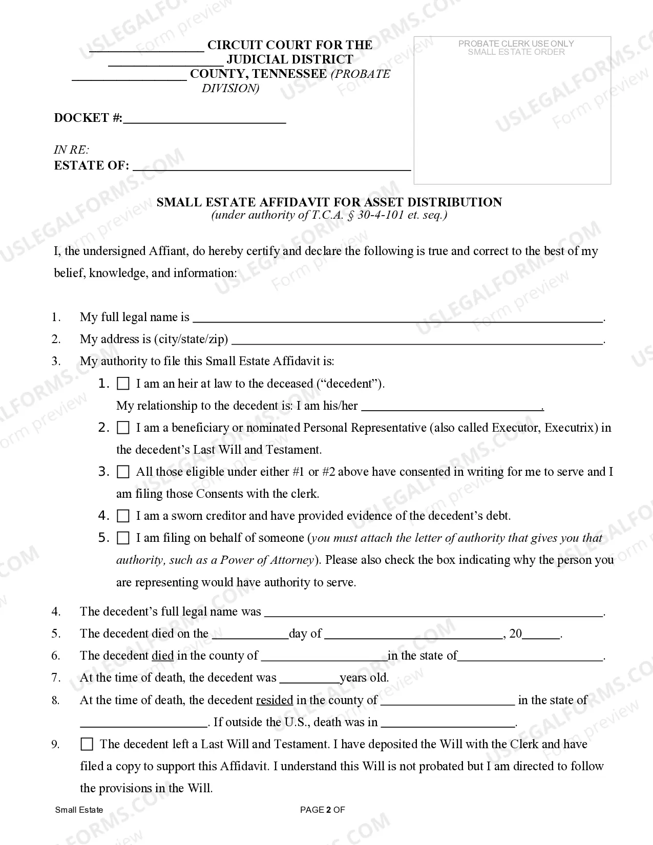 Preview Small Estate Affidavit for Estates