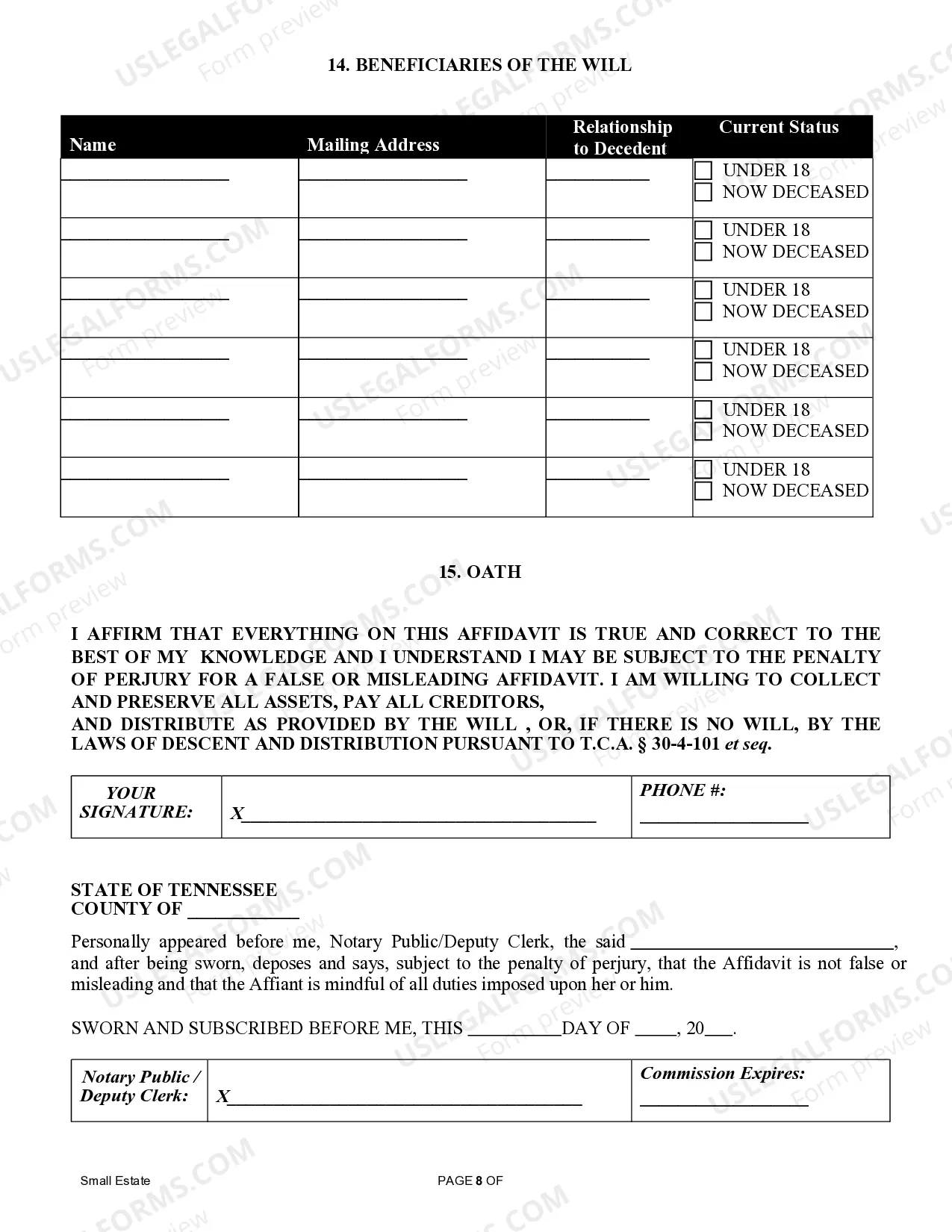 Preview Small Estate Affidavit for Estates