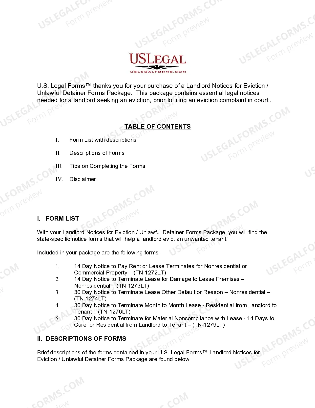 Preview Tennessee Landlord Notices for Eviction / Unlawful Detainer Forms Package