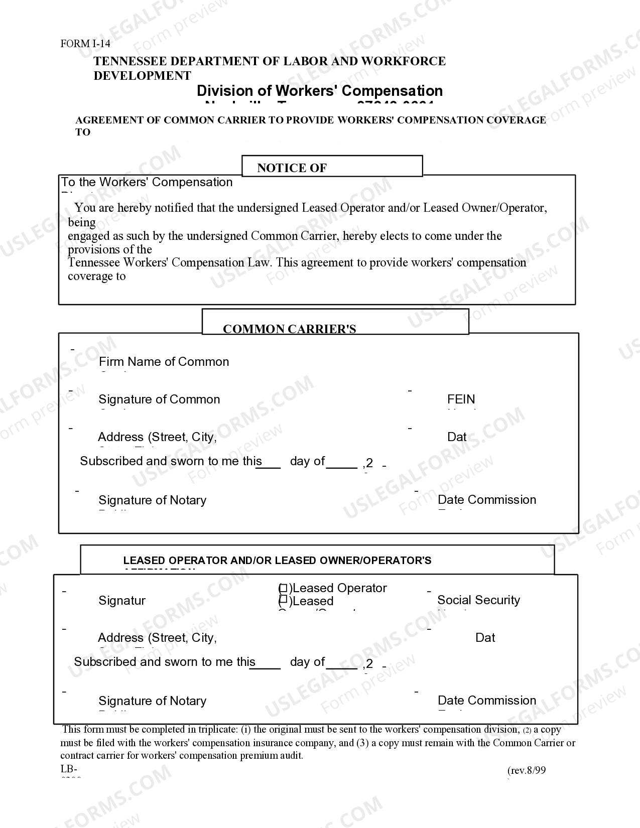 Tennessee Agreement of Common Carrier for Workers' Compensation US