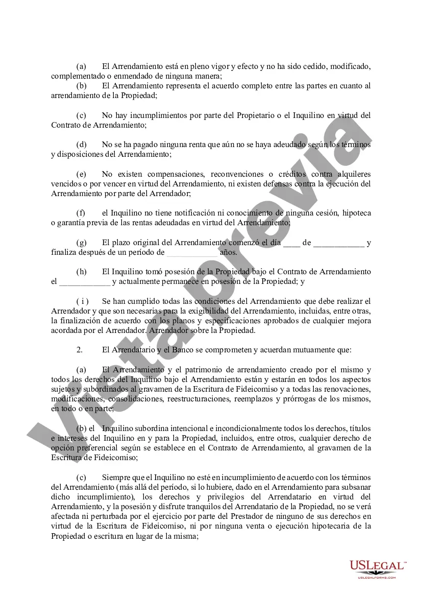 Preview Acuerdo de impedimento del arrendatario, subordinación, no perturbación y desagravio