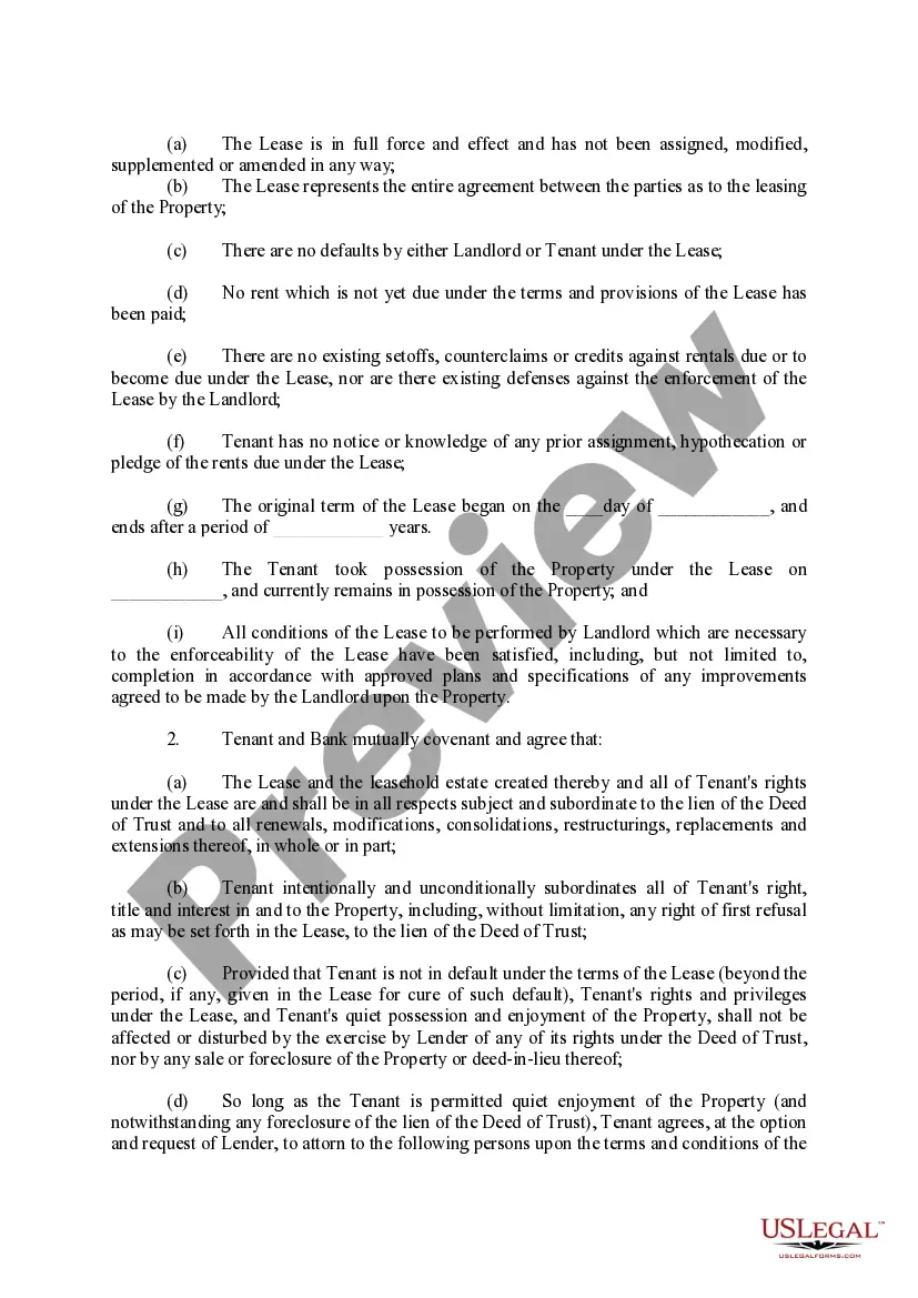 Get Tenant Estoppel, Subordination, Non-Disturbance and Attornment Agreement Preview Tenant Estoppel, Subordination, Non-Disturbance and Attornment Agreement