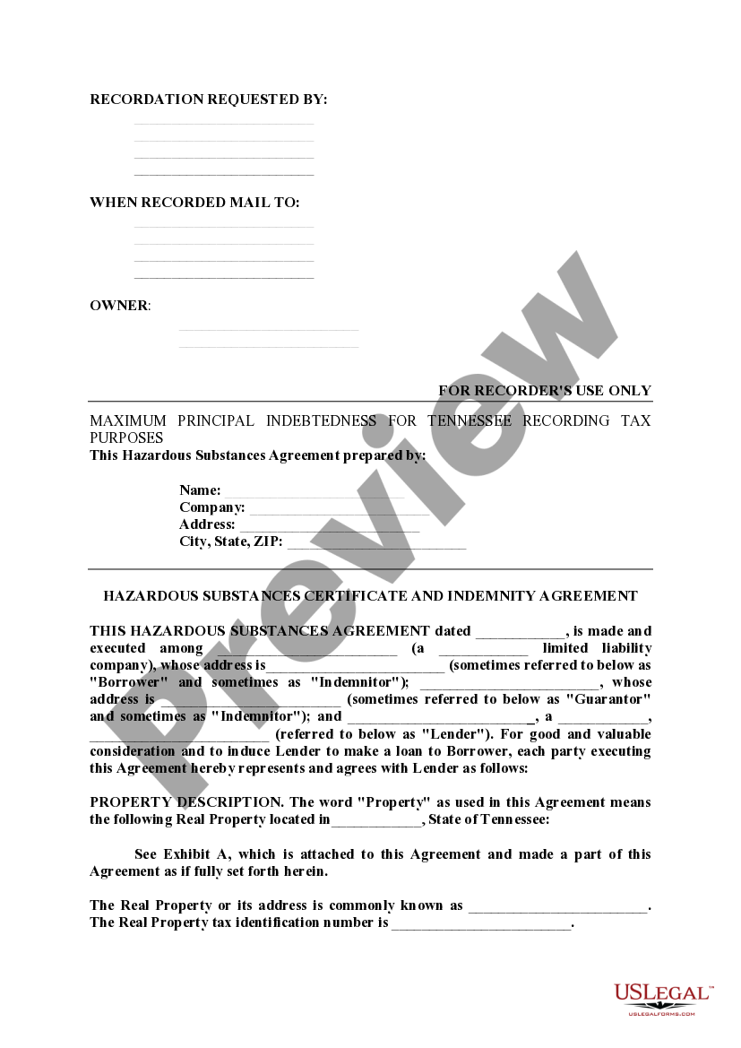 Tennessee Hazardous Substances Certificate and Indemnity Agreement US