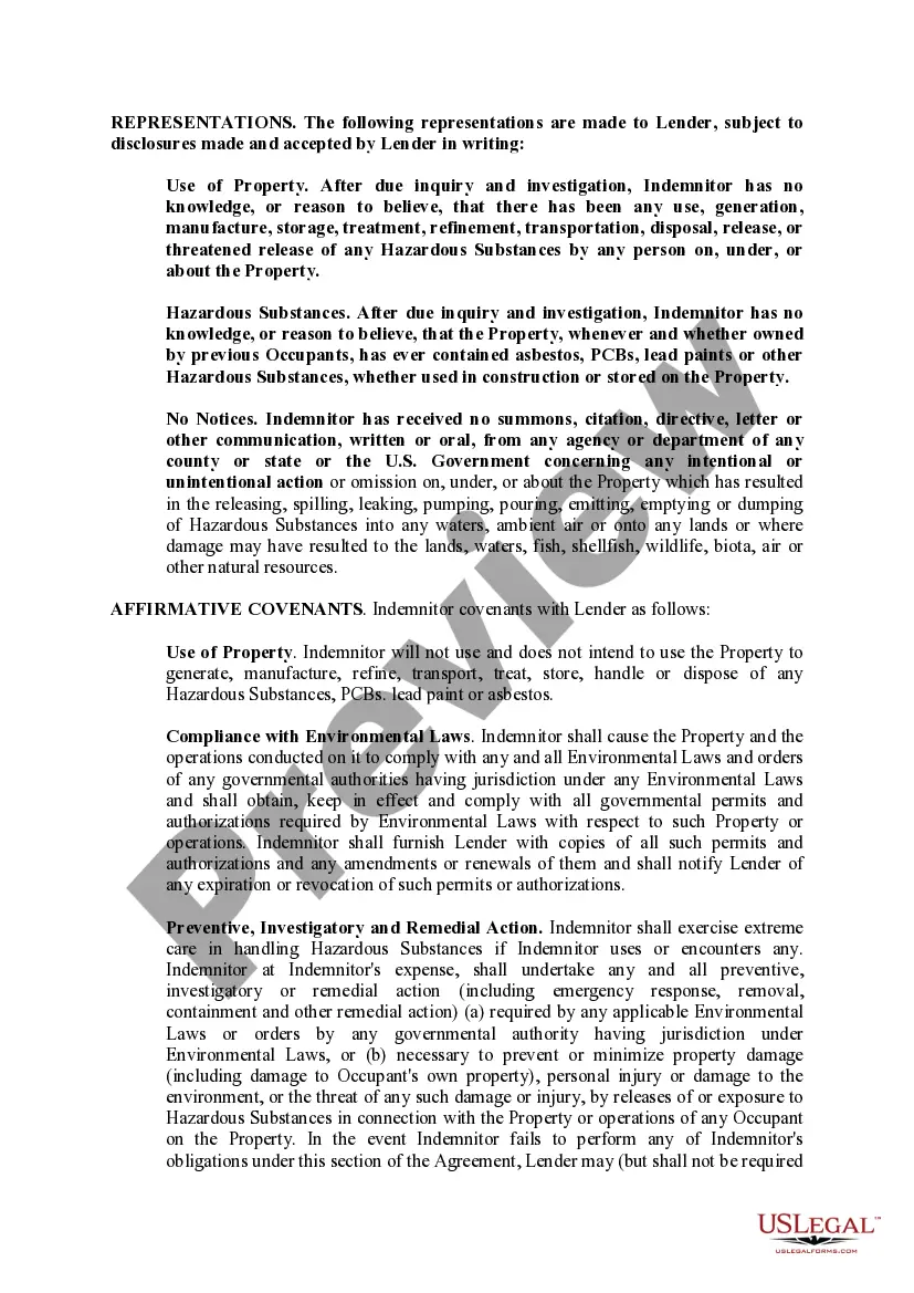 Preview Hazardous Substances Certificate and Indemnity Agreement