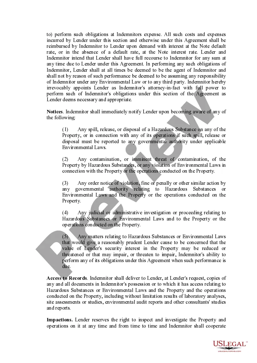 Preview Hazardous Substances Certificate and Indemnity Agreement