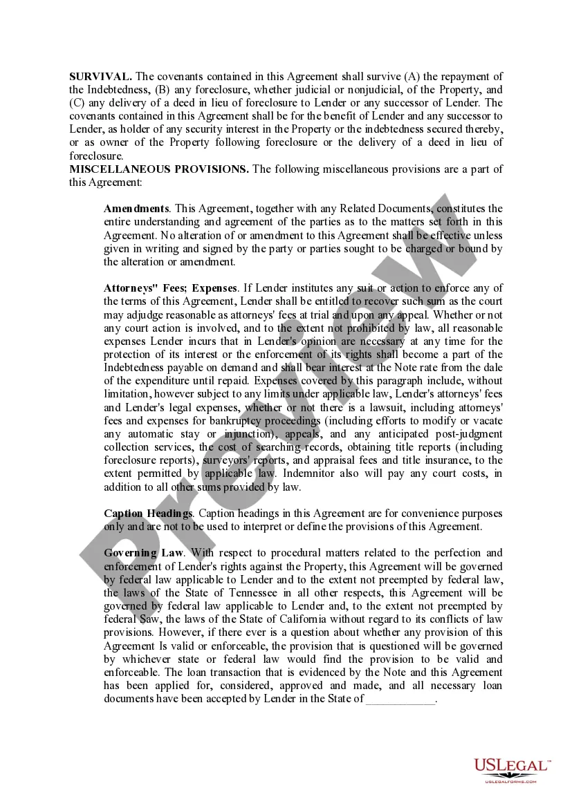 Preview Hazardous Substances Certificate and Indemnity Agreement