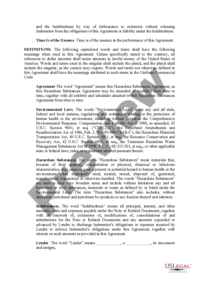 Preview Hazardous Substances Certificate and Indemnity Agreement