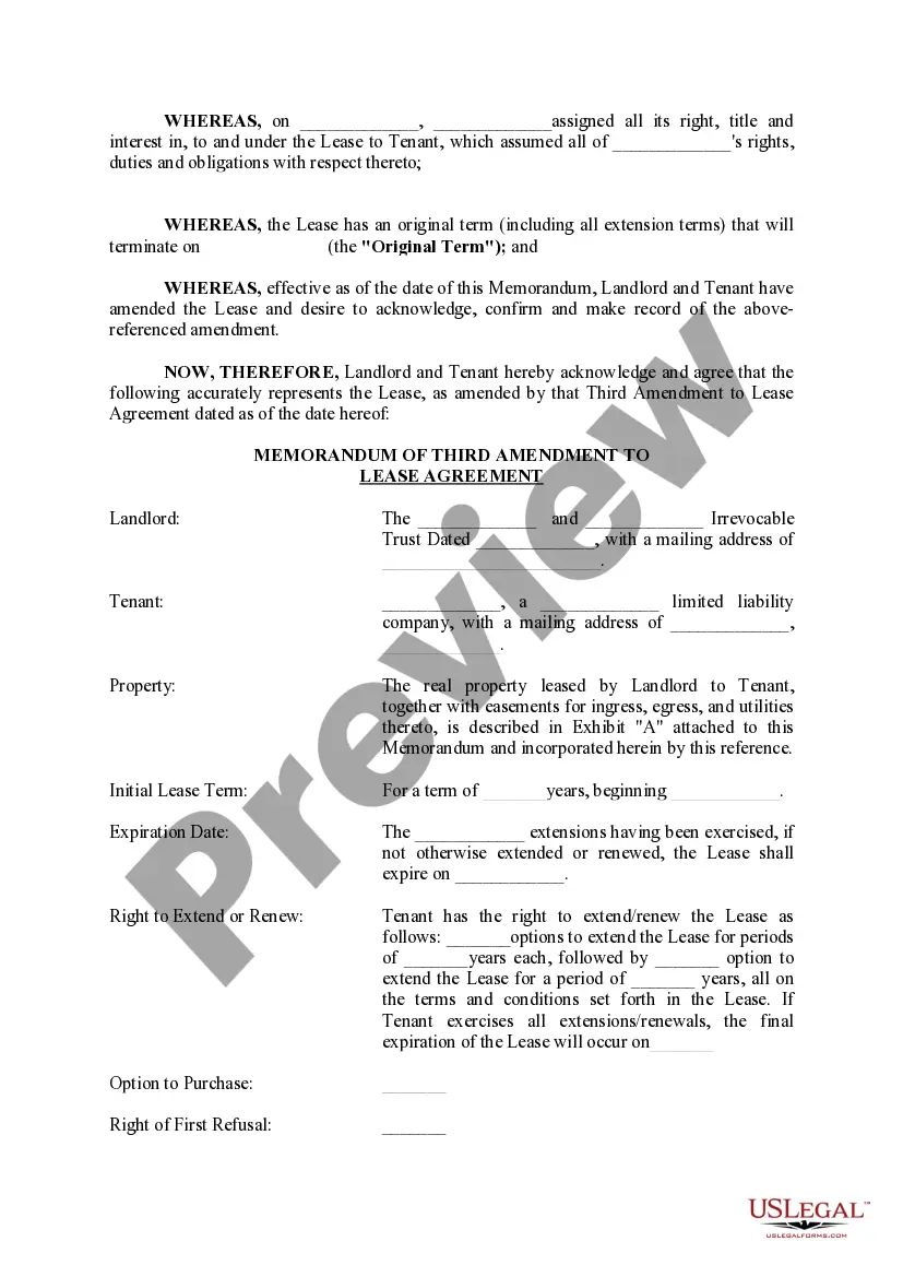Preview Agreement and Memorandum of Third Amendment to Lease Agreement