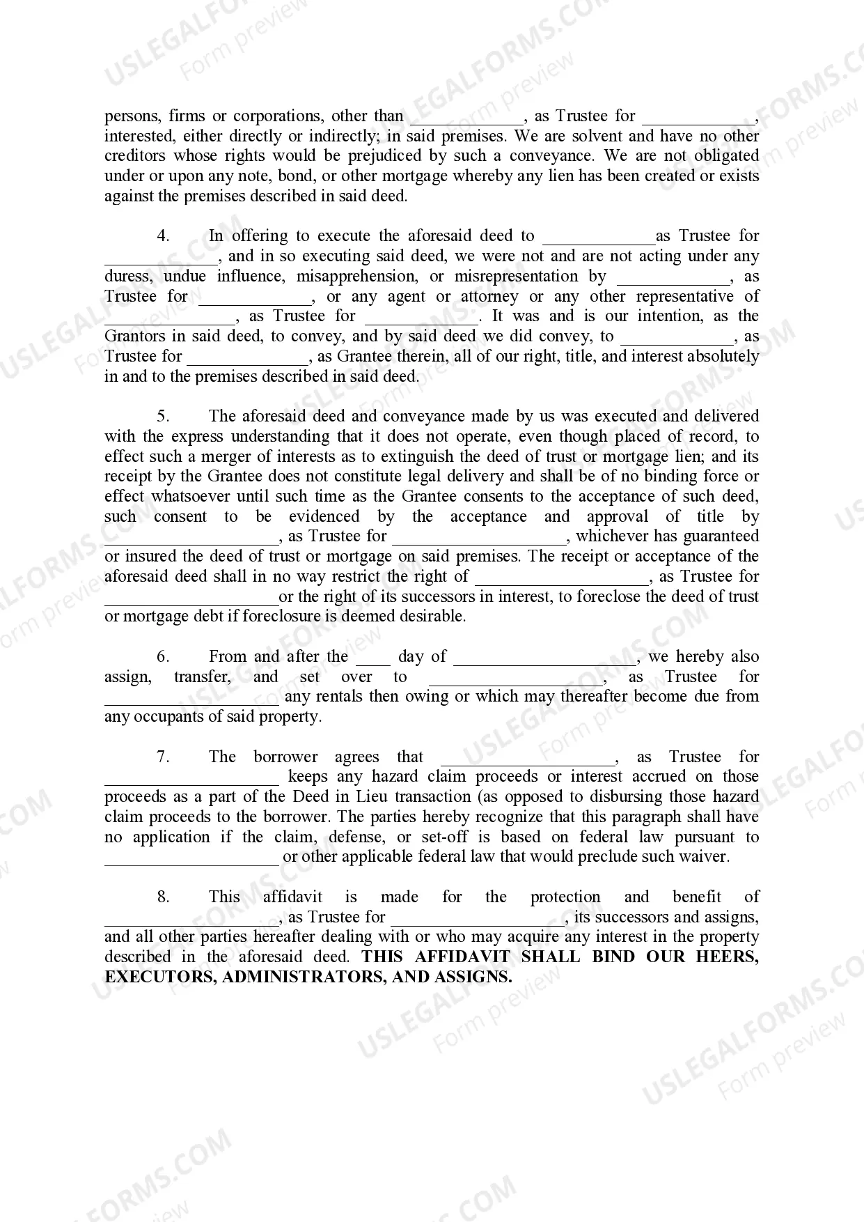 Preview Agreement for Deed and Estoppel and Solvency Affidavit