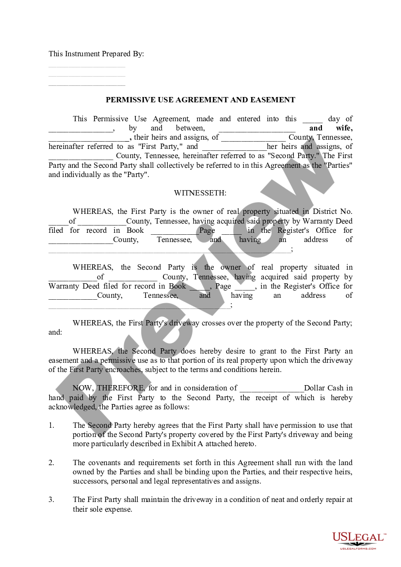 Tennessee Permissive Use Agreement And Easement - Permissive Use 