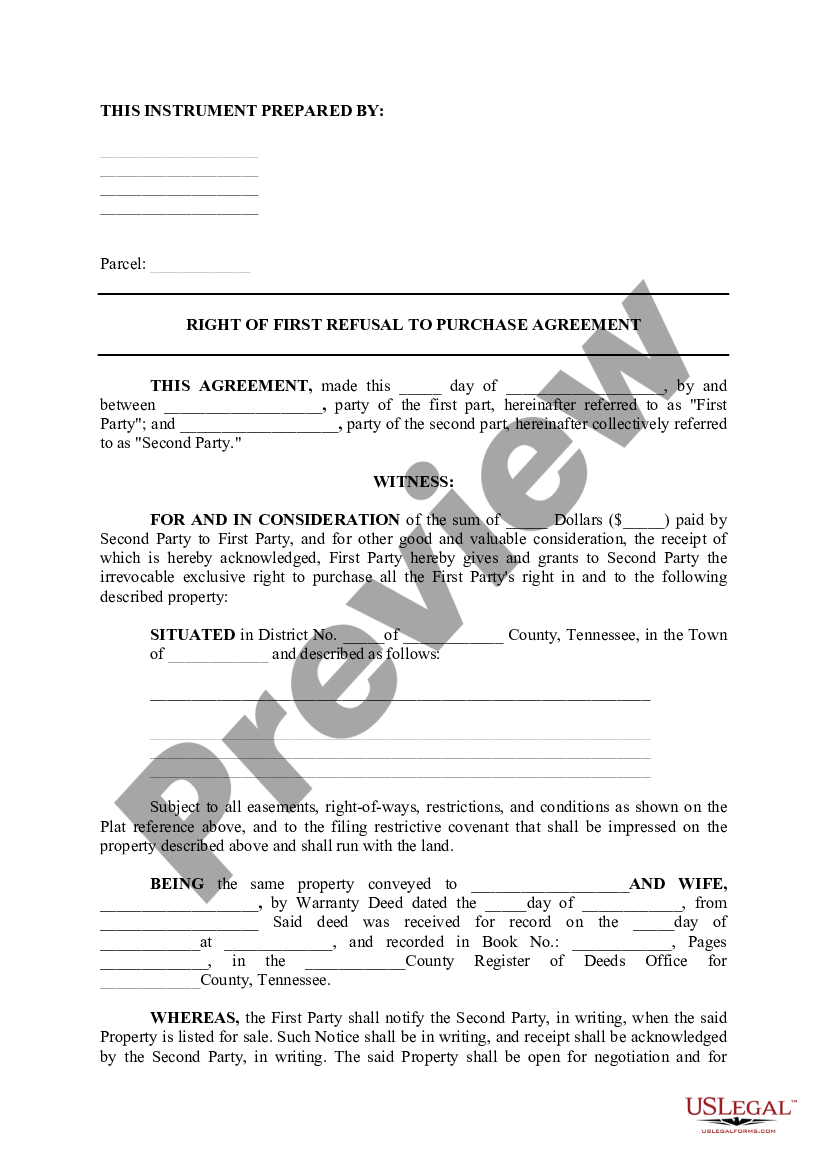 Murfreesboro Tennessee Right Of First Refusal To Purchase Agreement 