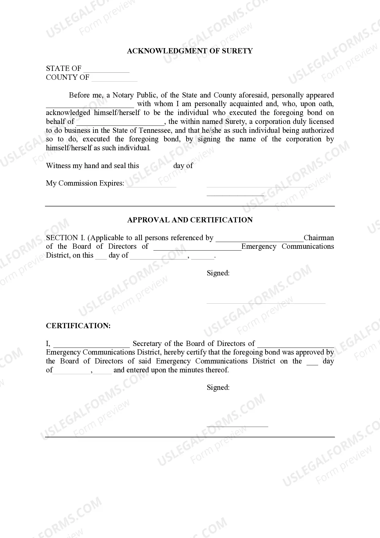 Preview State of Tennessee____ County Emergency Communication District Official Statutory Bond for Officer, Employee, or any Person Specified by______ for Emergency Communications District