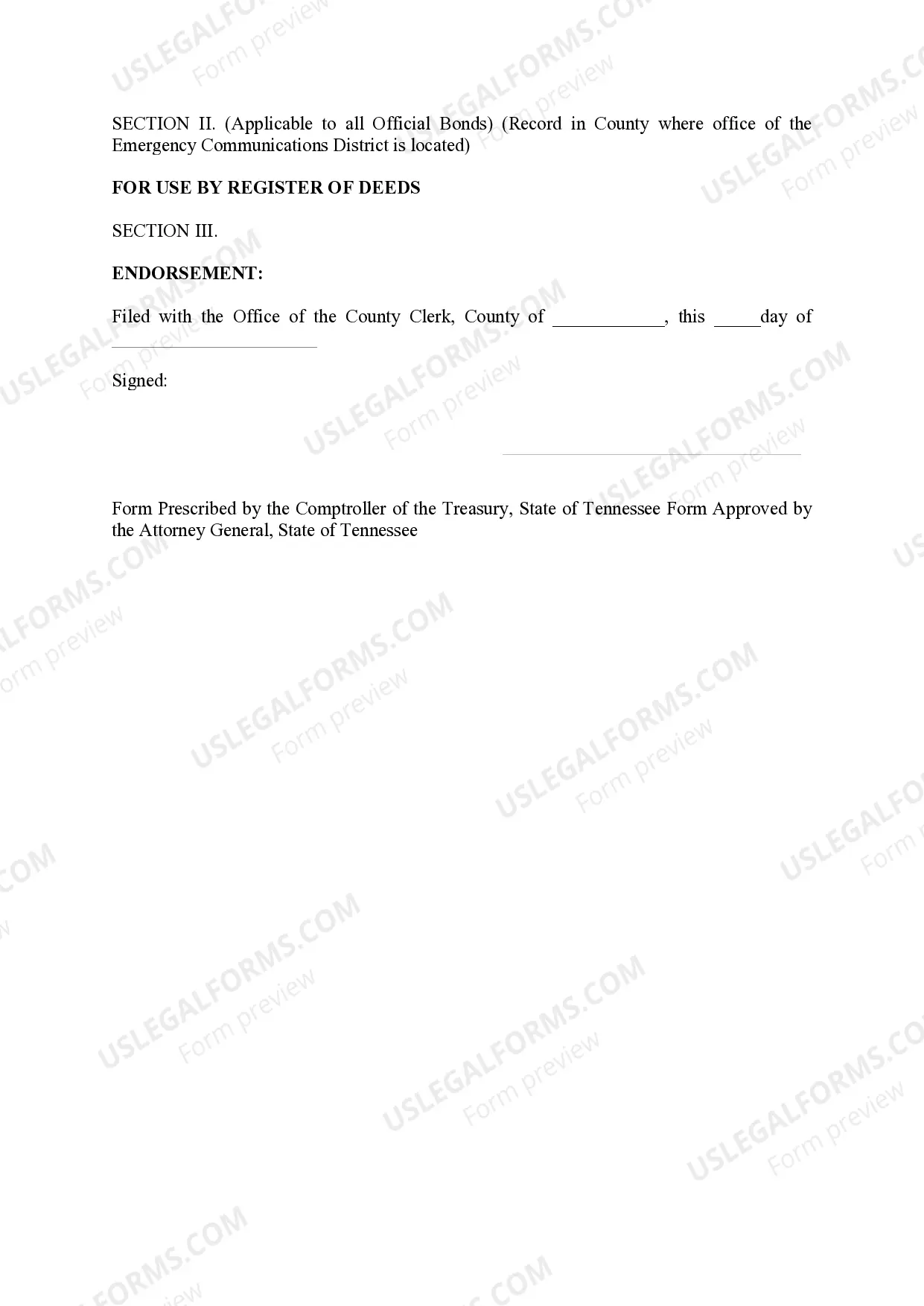 Preview State of Tennessee____ County Emergency Communication District Official Statutory Bond for Officer, Employee, or any Person Specified by______ for Emergency Communications District