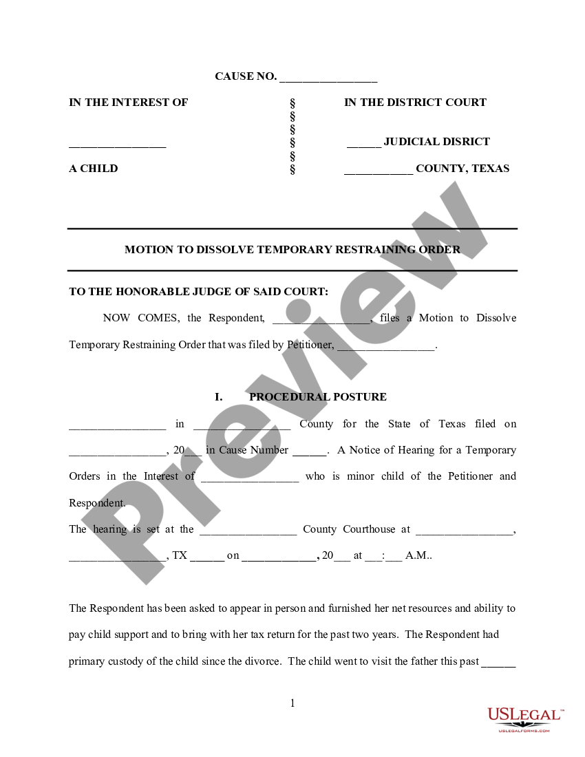 Tennessee Motion to Dissolve Temporary Restraining Order | US Legal Forms