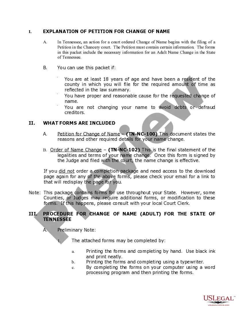 Preview Tennessee Name Change Instructions and Forms Package for an Adult