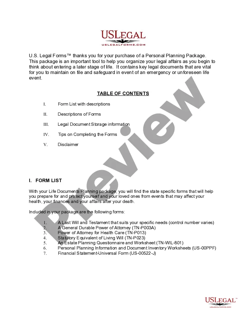 Preview Tennessee Life Documents Planning Package, including Will, Power of Attorney and Living Will