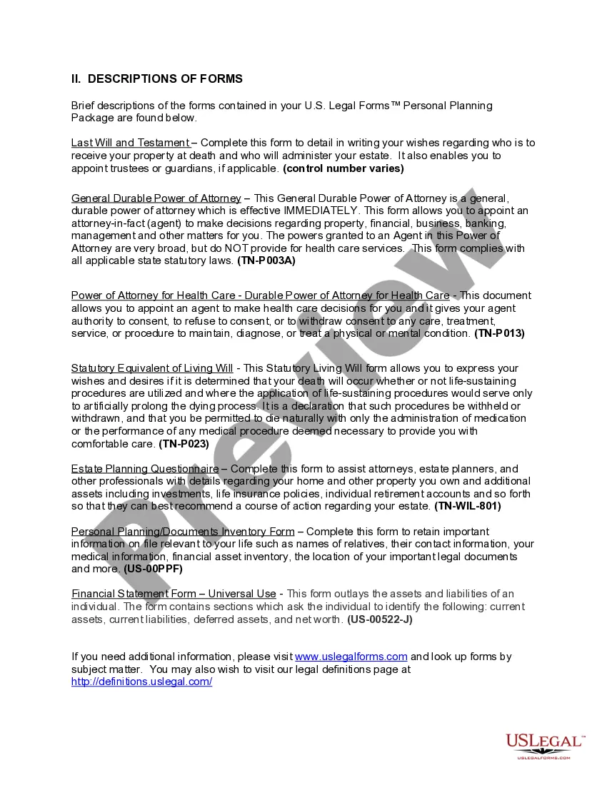 Preview Tennessee Life Documents Planning Package, including Will, Power of Attorney and Living Will