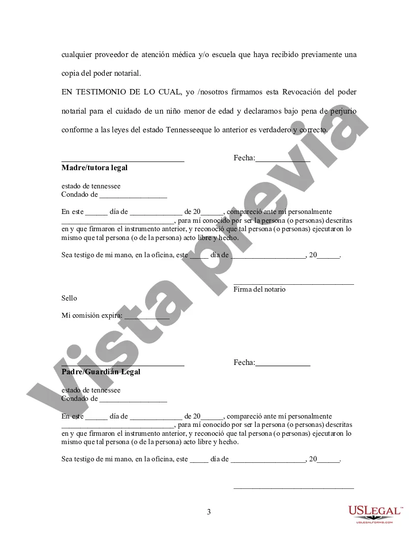Preview Revocación de Poder para el Cuidado y Custodia de Niño o Niños