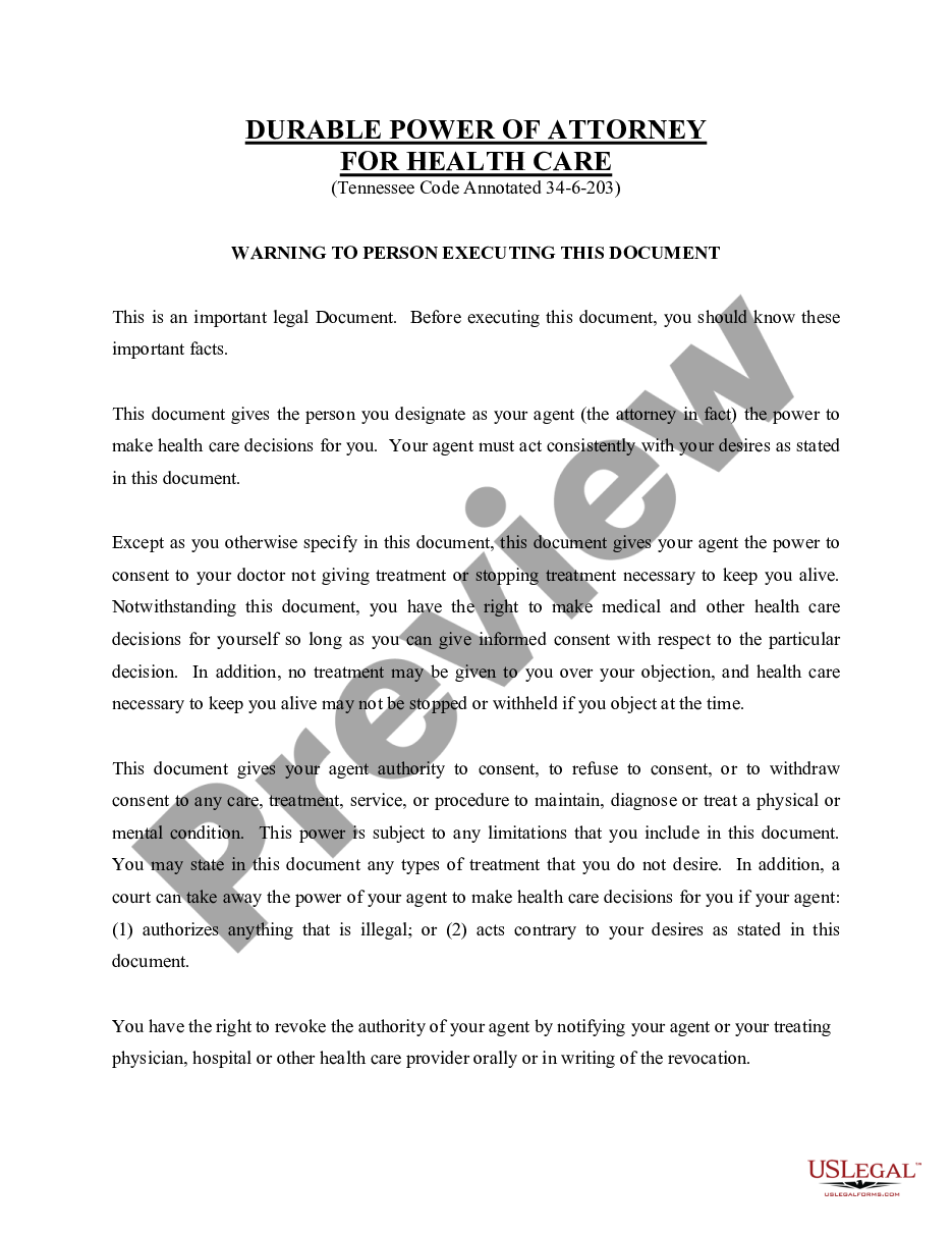 page 0 Power of Attorney for Health Care - Durable Power of Attorney for Health Care preview