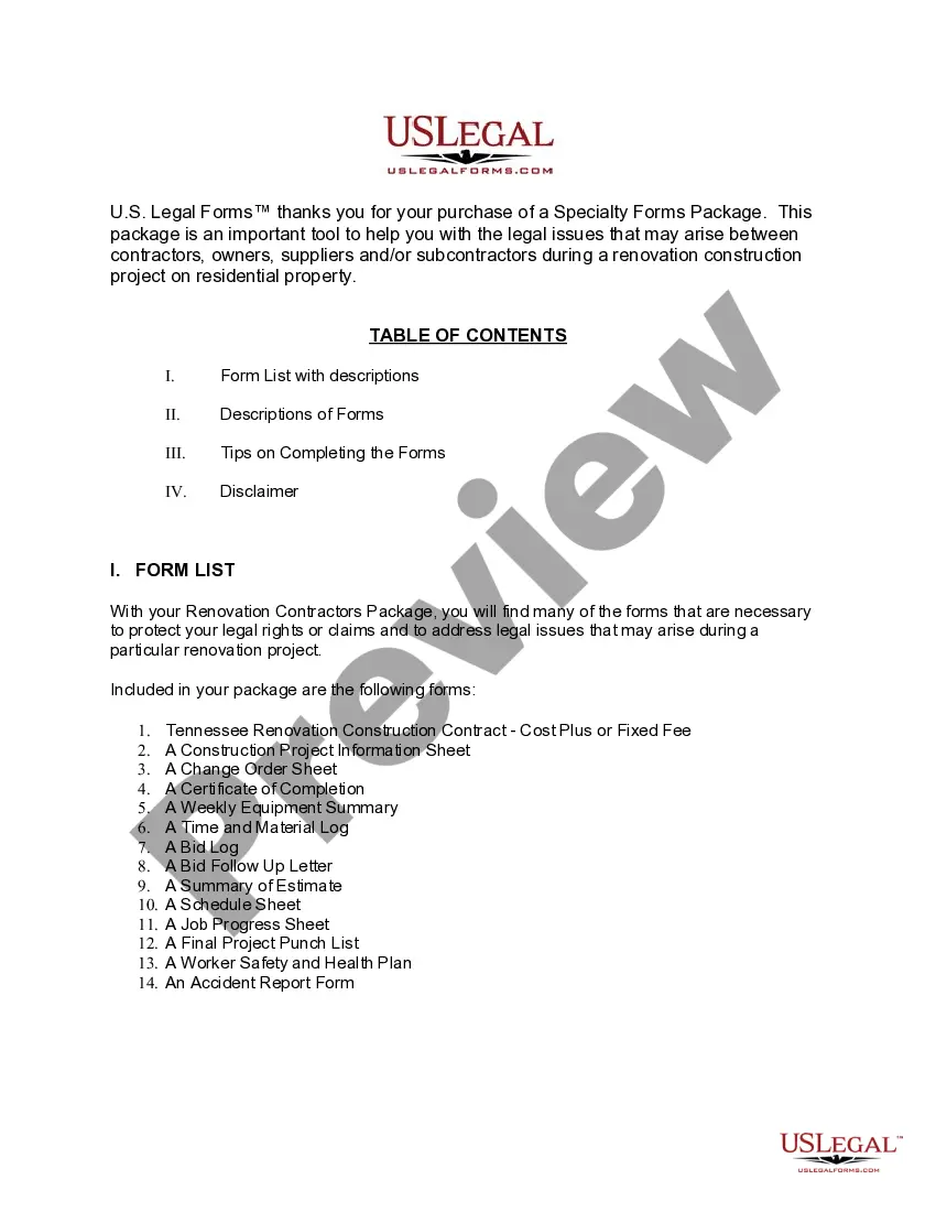 Preview Tennessee Renovation Contractor Package