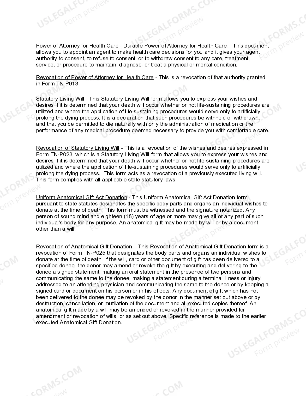 Preview Tennessee Living Wills and Health Care Package