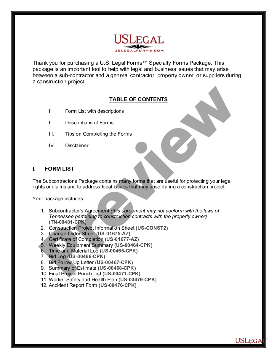 page 1 Subcontractors Package preview