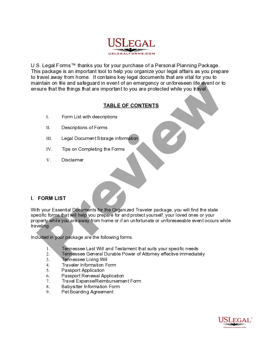 Preview Tennessee Essential Documents for the Organized Traveler Package