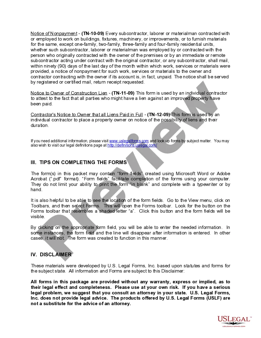 Preview Tennessee Construction or Mechanics Lien Package - Individual