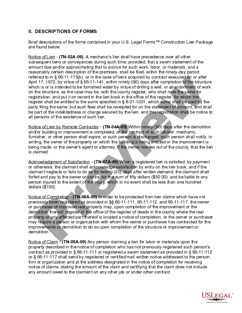 Preview Tennessee Construction or Mechanics Lien Package - Corporation